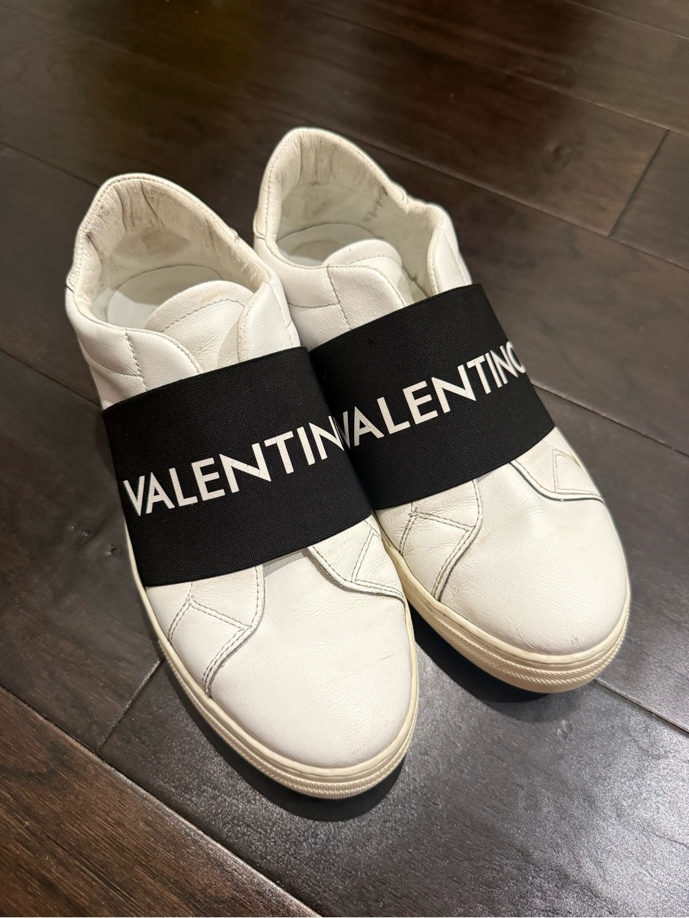 Valentino White Slip-On Sneakers with Black Logo Band